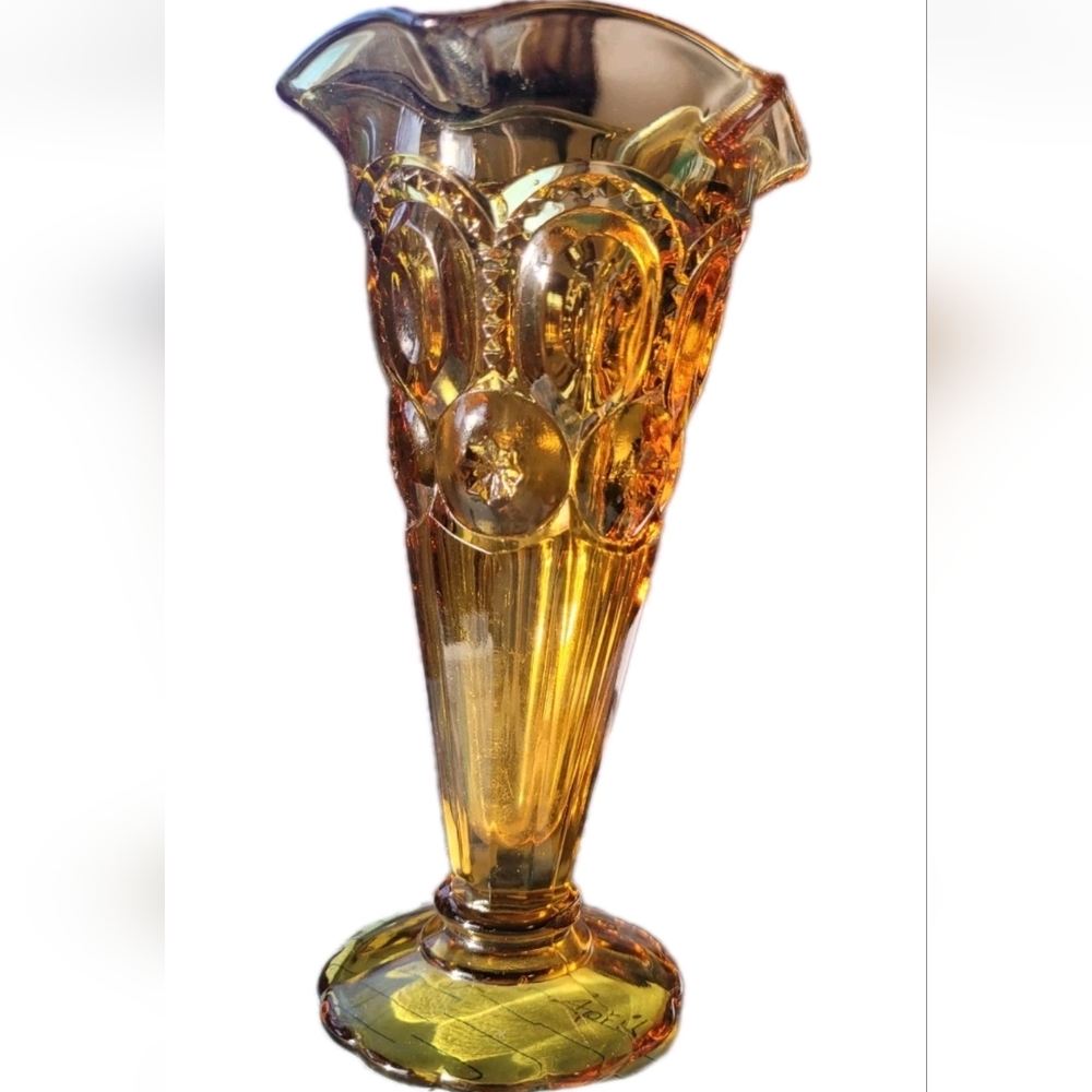 Le Smith Vintage Amber Glass Vase with Moon Star Pattern and Ruffled Edge - Picture 2 of 5